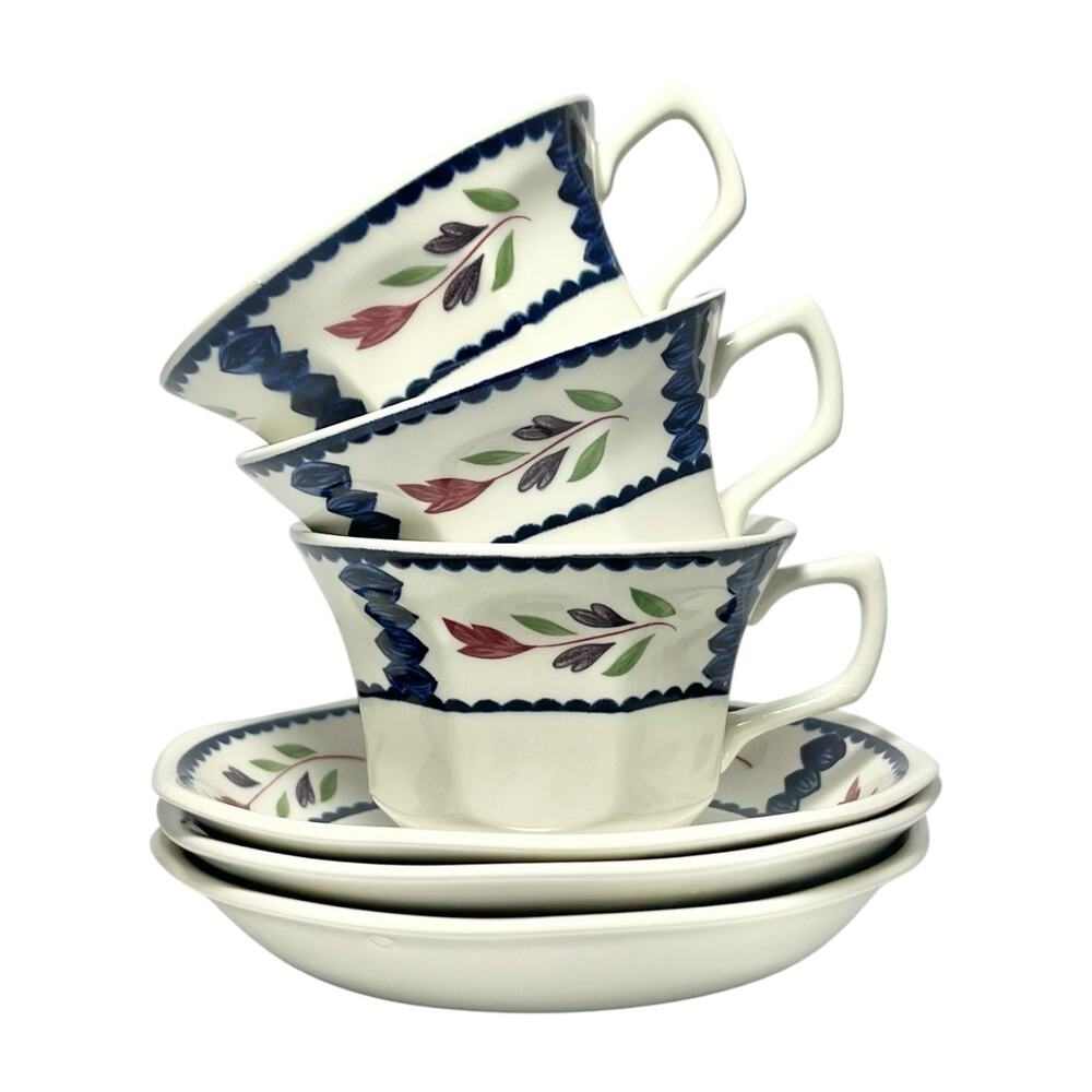Adams “Lancaster” Set of 3 Ironstone Tea Cups 2 5/8” 6oz & Saucers 5 3/4”